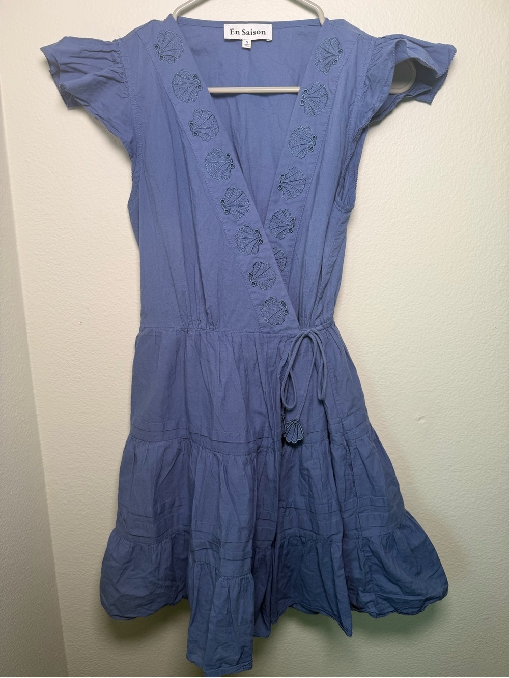 En Saison Blue Wrap Cotton Dress with Shell Coastal Detail Size S